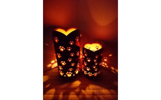 竹製キャンドルホルダー 肉球セットＮ-1 (表皮焦がしタイプ)／癒し 竹あかり おうち時間 キャンプ