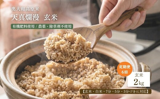 【定期便6回】【令和8年産】天真爛漫 2kg｜玄米・分づき・白米｜定期便6か月 ／ 無農薬 米 お米 こめ コメ 国産 新米 玄米 一等米 農家やまおか 有機肥料使用 農薬不使用 除草剤不使用 奈良県 宇陀市 ふるさと納税