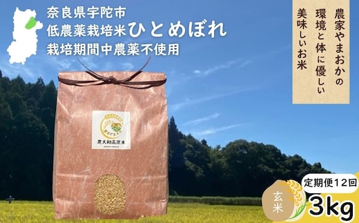 【定期便12回】ひとめぼれ 低農薬栽培＜令和7年産 玄米 3kg ＞ / ふるさと納税 低農薬 米 お米 こめ コメ 国産 新米 玄米 一等米 農家やまおか 奈良県 宇陀市
