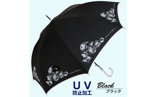 晴雨兼用傘 レディース 長傘 60cm ローズ柄 ワンタッチジャンプ 165208 ブラック ／ まちづくり観光振興機構 UV防止加工 紫外線対策 全天候型 奈良県 田原本町