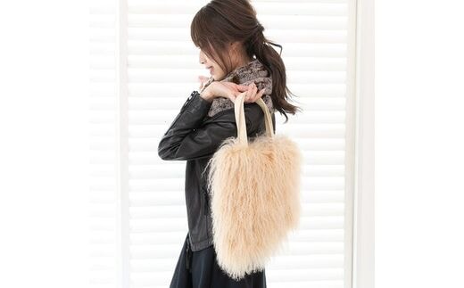 【0013-2】くるくるチベットラム毛皮手提げバッグ ベージュ