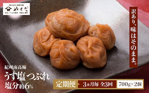 【定期便・3ヵ月毎 全3回】ご家庭用 紀州南高梅 うす塩 つぶれ 700g×2 ［YM15］