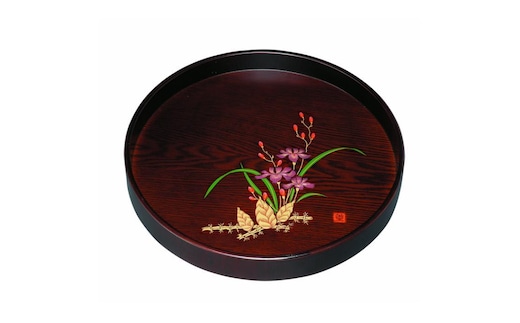 木製丸盆 深型 黒檀杢 山路（金蒔絵・盛絵） ［YG471］