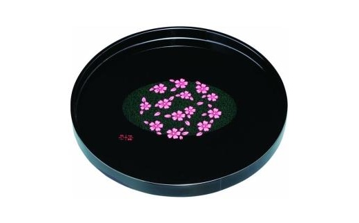 木製丸盆 30cm 黒 花咲小路【YG393】