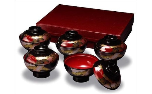 吸物椀 黒内朱 日の出松 ５客入 ［YG482］