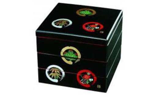 三段重箱 黒 丸に松竹梅（内朱塗）［紀州漆器］［YS19］