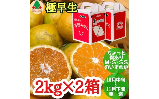 ちょっと 傷あり 極早生 有田 みかん M～SS サイズ 2kg × 2箱 手さげ箱 南泰園 和歌山 有田みかん