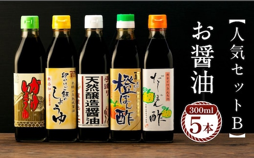 【人気セットB】カネイワ醤油本店 国産原料でつくる木桶二年熟成のお醤油 お醤油300ｍｌ5本セット