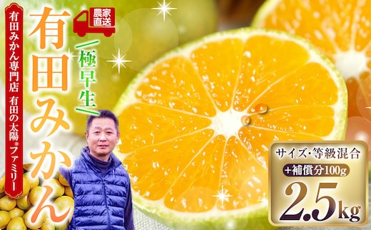 有田みかん専門店 有田の太陽®ファミリー 極早生 有田みかん 2.5kg＋補償分100g 山採れ・サイズ・等級 混合