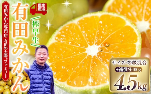 有田みかん専門店 有田の太陽®ファミリー 極早生 有田みかん 4.5kg＋補償分100g 山採れ・サイズ・等級 混合