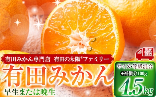 有田みかん専門店 有田の太陽®ファミリー 早生または晩生 有田みかん 4.5kg＋補償分100g 山採れ・サイズ・等級 混合