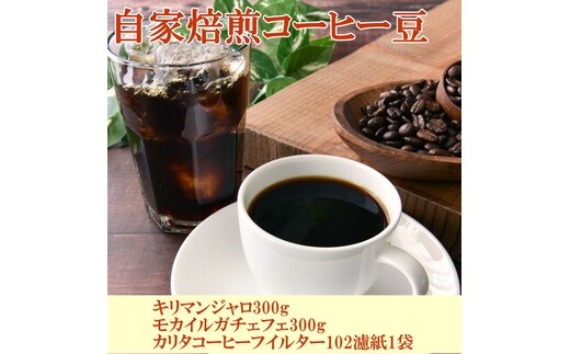 自家焙煎コーヒー豆（キリマンジャロ・モカイルガチェフェ）各300gとカリタ102コーヒーフイルター100枚セット
