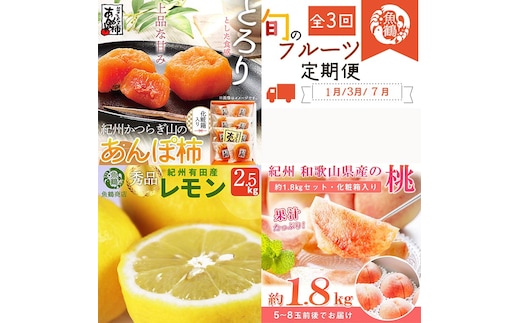 〈定期便〉【1・3・7月 全3回】紀州和歌山産旬のフルーツセット（あんぽ柿・レモン・桃） ※離島への配送不可