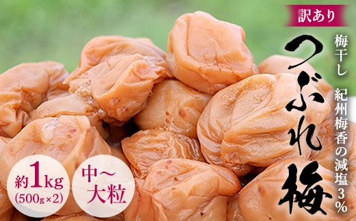 訳あり 無添加 梅干し 紀州梅香の減塩3%つぶれ梅 約1kg(500g x 2) 中～大粒 はねだし梅 紀州南高梅 産直) 3-G