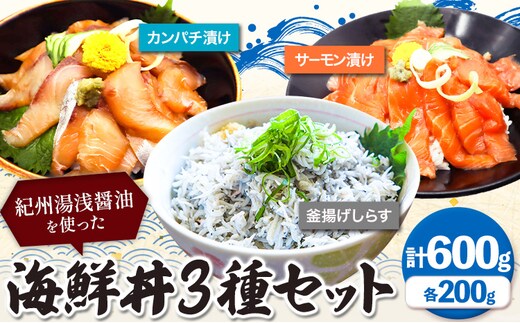 紀州 湯浅 醤油 を 使った サーモン と カンパチ の 漬け＆釜揚げ しらす の 海鮮丼 3種 セット 計600g 魚鶴商店 《30日以内に出荷予定(土日祝除く)》 和歌山県 日高町 サーモン カンパチ しらす 海鮮 さしみ 刺身---wsh_fuot31_30d_24_18000_600g---