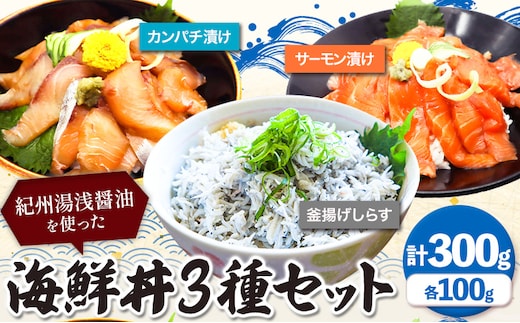紀州 湯浅醤油 を使った サーモン と カンパチ の 漬け＆ 釜揚げ しらす の 海鮮丼 3種 セット 計300g 魚鶴商店 《30日以内に出荷予定(土日祝除く)》 和歌山県 日高町 サーモン カンパチ しらす 海鮮 刺身 さしみ 漬け丼 どんぶりの具---wsh_futkd3_30d_23_12000_300g---