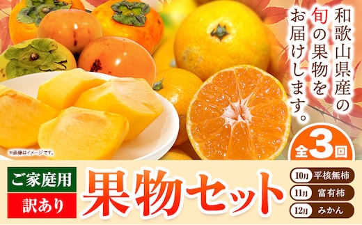 【発送月固定定期便】フルーツセット ご家庭用 訳あり果物セット (平核無柿 富有柿 みかん)【全３回】 魚鶴商店《10月上旬-12月末頃出荷予定(土日祝除く)》 和歌山県 日高町 平核無柿 富有柿 柿 みかん 柑橘 蜜柑 果物 フルーツ 送料無料 定期便---wsh_uottei2_25_46000_mo3num1---