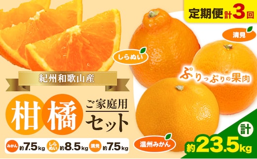 【発送月固定定期便】紀州 和歌山産 旬の ご家庭用 柑橘 セット (みかん 不知火 清見)【全３回】計23.5kg 株式会社魚鶴《2027年1月上旬-4月上旬頃出荷》 和歌山県 日高川町 オレンジ 柑橘 蜜柑 果物 訳あり 送料無料 定期便---wshg_uotteik4_25_50000_mo3num1---