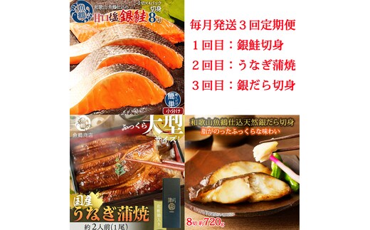 【毎月定期便】魚鶴お楽しみ海鮮3種セット(銀鮭切身・うなぎ蒲焼・銀だら切身)全3回 / 銀鱈 さけ だし うなぎ たら 魚 切り身 切身 魚 海鮮 焼き魚 ご飯のおとも おかず【tkb418】【tkb418】