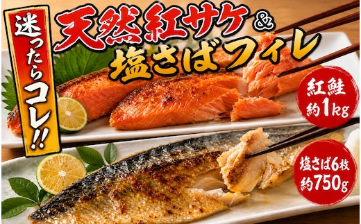 迷ったらコレ！！魚鶴の天然紅サケ１ｋｇ & 国産塩さばフィレ６枚セット【uot744B-1】