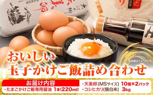 たまごかけご飯 卵 米 醤油 セット おいしい玉子かけご飯詰め合わせ 天美卵 10個×2パック (MSサイズ) コシヒカリ 精米 3kg たまごかけご飯専用醤油 天のしずく 220ml やずふれあい市場 《30日以内に出荷予定(土日祝除く)》 鳥取県 八頭町 送料無料---yazu_yfr_3_s---