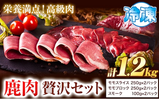 鹿肉 贅沢セット 1.2kg モモスライス 250g × 2パック モモブロック 250g × 2パック スモーク 100g×2パック 猪鹿庵《90日以内に出荷予定（土日祝除く）》鳥取県 八頭町 ジビエ 鹿 シカ もも肉---yazu_jbe_2_s---
