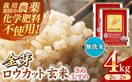 金芽ロウカット玄米 島根県産 きぬむすめ 4kg （2kg×2袋）≪ 栽培期間中 農薬・化学肥料不使用 ≫【令和7年産 ロウカット 玄米 時短 食物繊維 無洗米 金芽米 小分け 新生活応援 お試し 食べやすい 安来市 東洋ライス 】【19-SS-77】