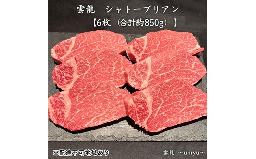 黒毛和牛 岡山県産 シャトーブリアン 6枚(合計約850g) 雲龍 肉 お肉 牛肉 和牛 焼肉 