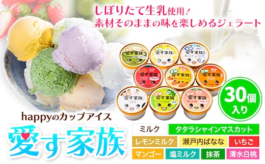 愛す家族 カップアイス 30個入り 選べるフレーバー 笠岡ジェラート 工房ハッピーのカップアイス ハッピー＆甲和株式会社 ジェラート アイス ミルク たたらシャインマスカット 清水白桃 いちご 瀬戸内バナナ マンゴー 岡山県 笠岡市---C-05a---