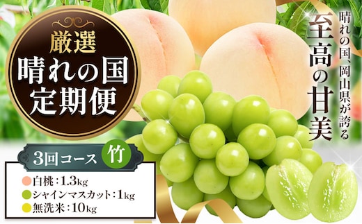 フルーツ 厳選 晴れの国定期便 シャインマスカット 1kg 白桃 1.3kg 米 10kg 無洗米 3回 お届け 定期便 《ページ内記載の時期に発送》 果物 マスカット 桃 こめ コメ 岡山県 笠岡市---kasaoka_zsytei_359_take3---