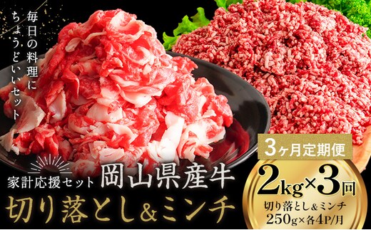 【3ヶ月定期便】牛肉 国産 切り落とし ミンチ セット 家計応援 岡山県産牛 2kg×3回 1パック250g《お申し込み月の翌月から出荷開始》岡山県 笠岡市 肉 ひき肉 グルメ お取り寄せグルメ---kasaoka_zsytei_284_2---