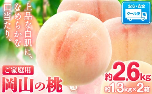 【先行予約】岡山の桃 約2.6kg(約1.3kg×2箱)《2026年6月下旬-9月上旬頃出荷》 ご家庭用 訳あり 白桃 岡山県 笠岡市 モモ もも 先行予約 送料無料 清水白桃 白鳳 白麗 ---kasaoka_zsy_150_26---