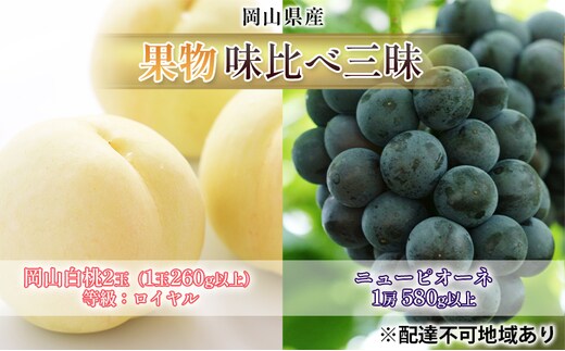 桃 ぶどう 2026年 先行予約 果物 味比べ三昧 岡山 白桃 2玉 等級：ロイヤル（1玉260g以上）ニュー ピオーネ 1房 580g以上 詰合せ もも 葡萄 岡山県産 国産 フルーツ 果物 ギフト 食べ比べ