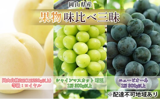 桃 ぶどう 2026年 先行予約 果物 味比べ三昧 岡山白桃 2玉 等級：ロイヤル（1玉220g以上）シャインマスカット 晴王 1房 ニュー ピオーネ 1房 詰合せ 岡山の桃 岡山の葡萄