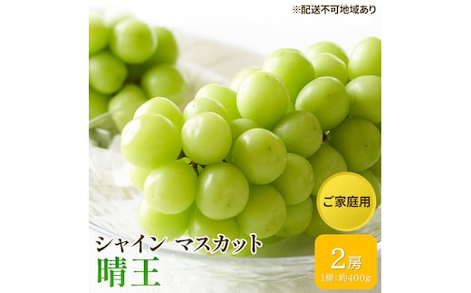 ぶどう 2026年 先行予約 ご家庭用 シャイン マスカット 晴王 約400g×2房 ブドウ 葡萄 岡山県産 国産 フルーツ 果物 太陽 美しい 外観 大粒 高糖度 種なし 皮ごと 弾力 食感 美味しい