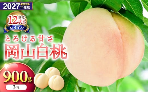 【2027年発送分・先行予約開始！】岡山県産 白桃 特秀 「ロイヤル」中玉 約900g 3玉（令和9年7月～8月上旬頃発送）【先行受付 先行予約 白桃ロイヤル フルーツ 果物 御中元 御祝 ギフト プレゼント もも 桃 モモ 岡山県産 ロイヤル】