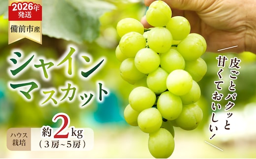 【2026年発送分 先行受付開始！】びぜん葡萄「シャインマスカット」（ハウス栽培）約2kg入（令和8年8月中旬～9月中旬頃発送）【 岡山県備前市産 シャインマスカット ハウス栽培 約2kg （3～5房目安）樹上完熟 】
