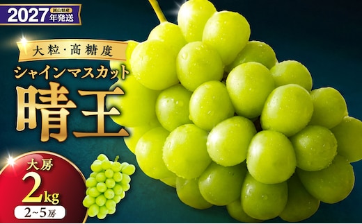 【2027年発送分・先行予約開始！】岡山県産シャインマスカット「晴王」 秀品 大房 （約2kg・2～5房程度）（令和９年8月中旬以降発送）【 シャインマスカット 晴王 フルーツ 果物 くだもの 葡萄 ぶどう 岡山県産 秀品 大房 種無し 高糖度 】