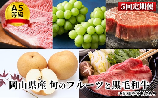 フルーツ 肉 2026年 先行予約 晴れの国 おかやま の 旬のフルーツと A5等級 黒毛 和牛 5回 定期便 ぶどう 牛肉 梨 岡山県産 国産 ギフト