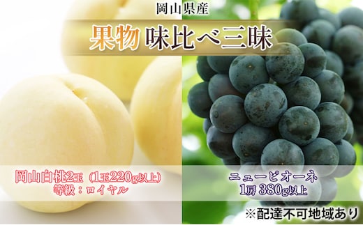 桃 ぶどう 2026年 先行予約 果物 味比べ三昧 岡山 白桃 2玉 等級：ロイヤル（1玉220g以上）ニュー ピオーネ 1房 380g以上 詰合せ もも 葡萄 岡山県産 国産 フルーツ 果物 ギフト 岡山の桃 岡山の葡萄 食べ比べ