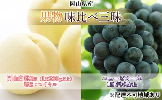 桃 ぶどう 2026年 先行予約 果物 味比べ三昧 岡山 白桃 2玉 等級：ロイヤル（1玉220g以上）ニュー ピオーネ 1房 380g以上 詰合せ もも 葡萄 岡山県産 国産 フルーツ 果物 ギフト 岡山の桃 岡山の葡萄 食べ比べ 