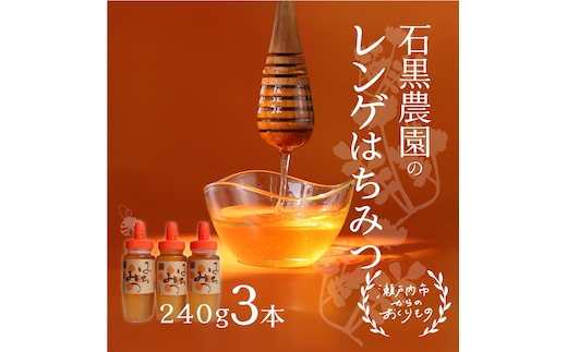 レンゲ はちみつ 3本セット（1本240g）岡山県 瀬戸内市産 石黒農園 上品なコク まろやか 口当たり 爽やか 甘み 柔らかい味わい フルーティー トンガリ容器入り ヨーグルト パン 砂糖の代わり 