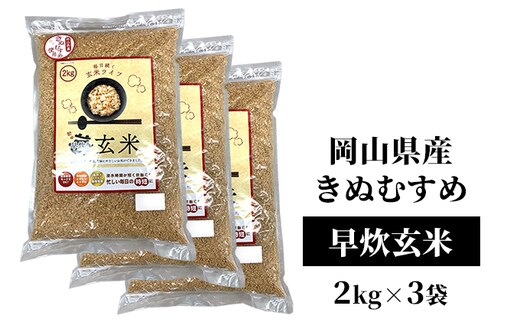 令和7年産 早炊 玄米 きぬむすめ 2kg×3袋 岡山県産 お米 国内産 ご飯 おにぎり お弁当 和食 国産 産地直送 玄米食 玄米の栄養素 