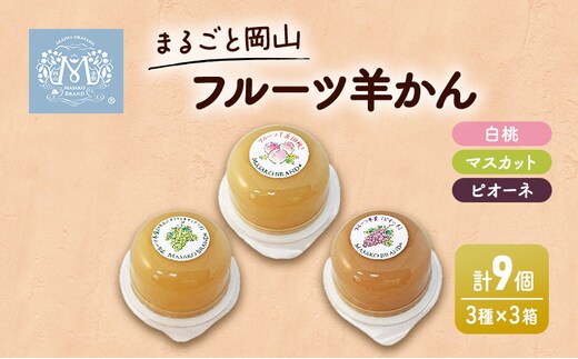 まるごと 岡山 フルーツ 羊羹 3 ケース （ 白桃 ・ マスカット ・ ピオーネ 各1個） 桃 もも ぶどう 和菓子 お菓子 スイーツ ようかん ギフト 贈答品 