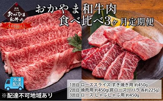 定期便 3ヶ月 おかやま A4等級以上 和牛肉 食べ比べ 毎月 約450g×3回 岡山県産 牛 赤身 肉 牛肉 冷凍 ロース 肩ロース バラ すき焼き用 焼肉用 しゃぶしゃぶ用 おうち焼肉 夕飯 食材 