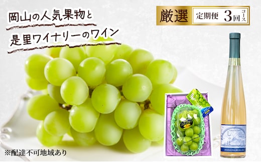 定期便 2026年 先行予約 岡山の人気果物と是里ワイナリーのワイン 厳選 3回コース ぶどう シャインマスカット 晴王 清水白桃 ワイン 赤磐市