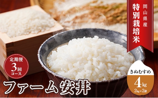 定期便 お米 【2025年11月～発送予定】 特別栽培米 きぬむすめ 4kg(2kg×2袋) 3ヵ月定期便 合計12kg 米 白米 岡山県産 ファーム安井 精米 ライス ご飯 おにぎり お弁当 和食 主食 国産 炭水化物 直送 産地直送
