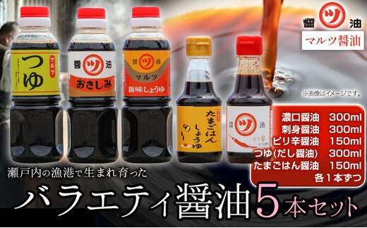 醤油 つゆ バラエティ醤油5本セット 道広醤油店《90日以内に出荷予定(土日祝除く)》岡山県 浅口市 濃口醤油 甘口醤油 刺身醤油 ピリ辛醤油 卵かけごはん しょうゆ つゆ 醤油セット 送料無料---124_168_90d_23_11000_5---
