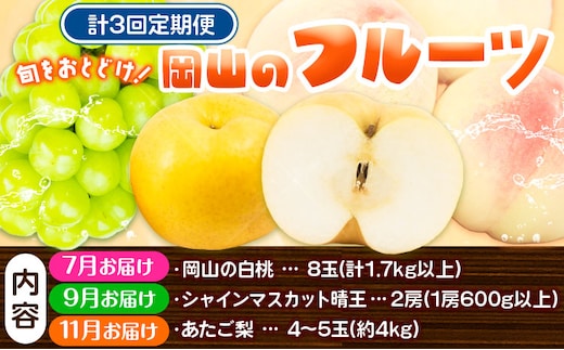 【2026年先行予約】定期便3回コース(隔月) 岡山のフルーツ 岡山の白桃8玉 (計1.7kg以上) シャインマスカット 晴王 2房 (1房600g以上) あたご梨 4~5玉 (約4kg) 化粧箱入り 株式会社山博(中本青果) 《2026年7月上旬-11月下旬頃出荷》 岡山県 浅口市 送料無料 【配送不可地域あり】（北海道・沖縄・離島）---124_c1877_7a11c_25_82500_tei--