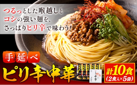 手延べピリ辛中華 タレ付き 1袋300g ( 麺 180g スープ 60g×2 ) 2食入 × 5袋 計10食 奥島屋 株式会社奥島創麺巧房《30日以内に出荷予定(土日祝除く)》岡山県 浅口市 送料無料 中華麺 冷やし中華 冷麺 細麺 豆板醤 ゴマ油---124_153_30d_23_13000_s---